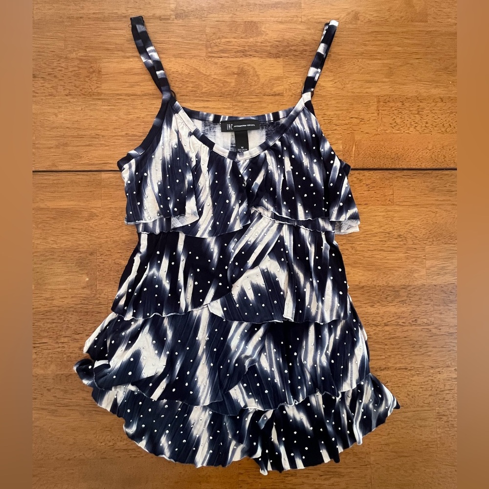 INC International Concepts Navy and White Ruffled Layers Camisole with Diamonds